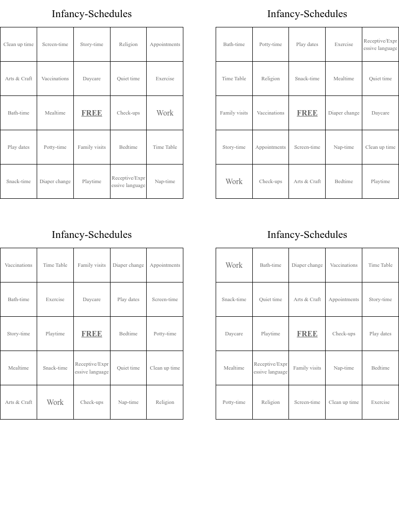  Infancy-Schedules Bingo Cards