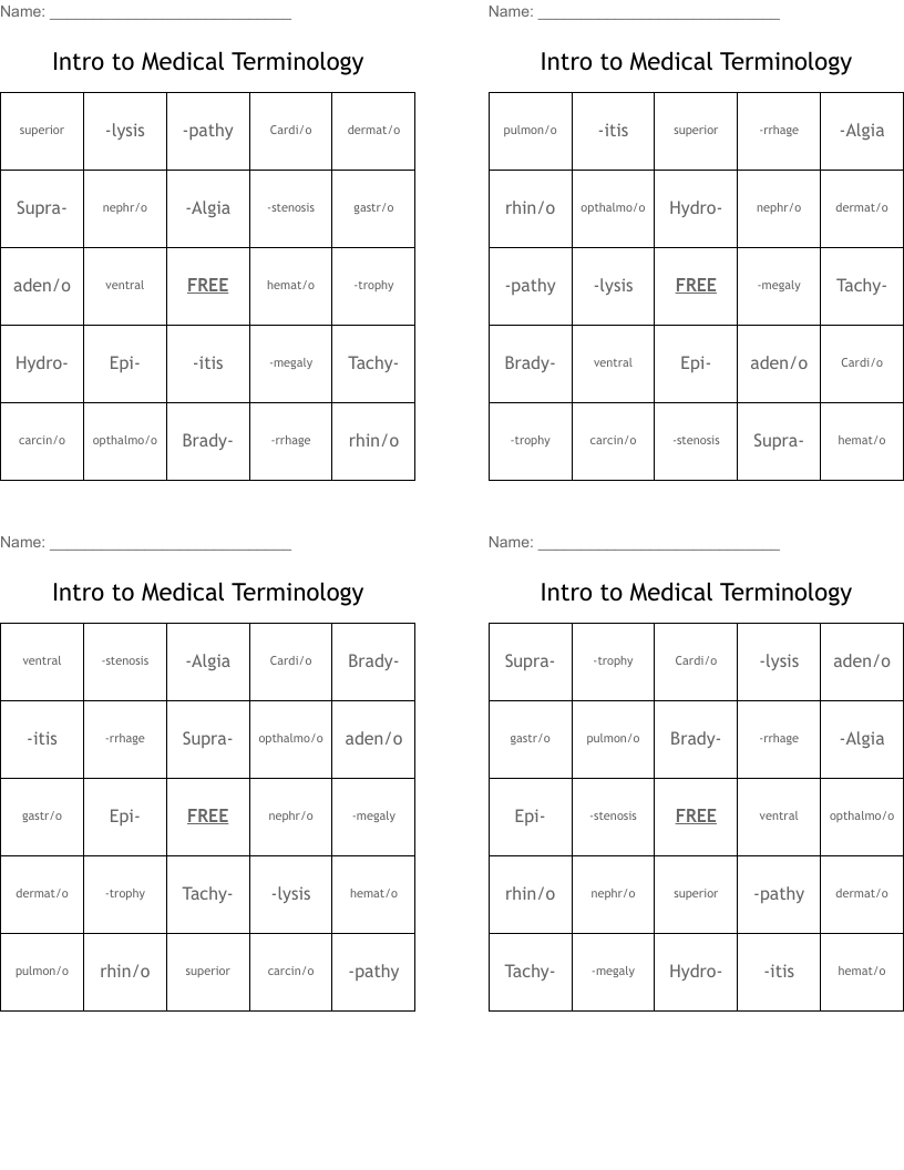  Intro to Medical Terminology Bingo Cards