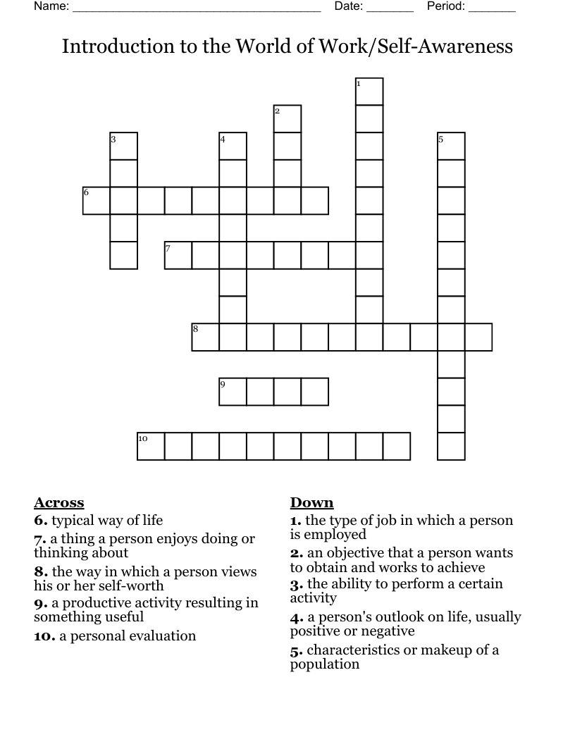  Introduction to the World of Work/Self-Awareness Crossword