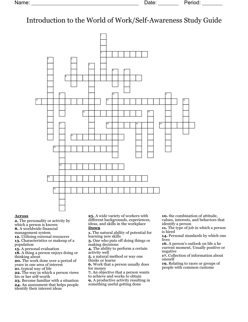  Introduction to the World of Work/Self-Awareness Study Guide Crossword