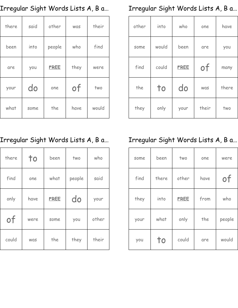  Irregular Sight Words Lists A, B and C Bingo Cards