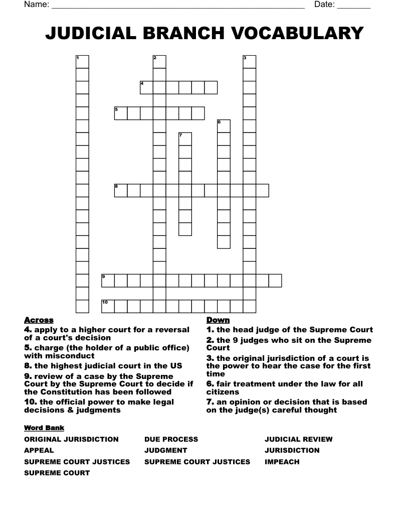  JUDICIAL BRANCH VOCABULARY Crossword