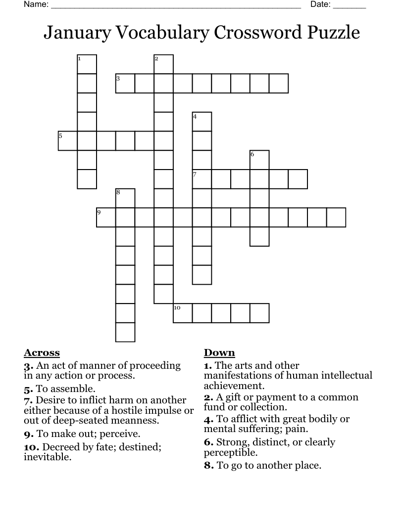  January Vocabulary Crossword Puzzle