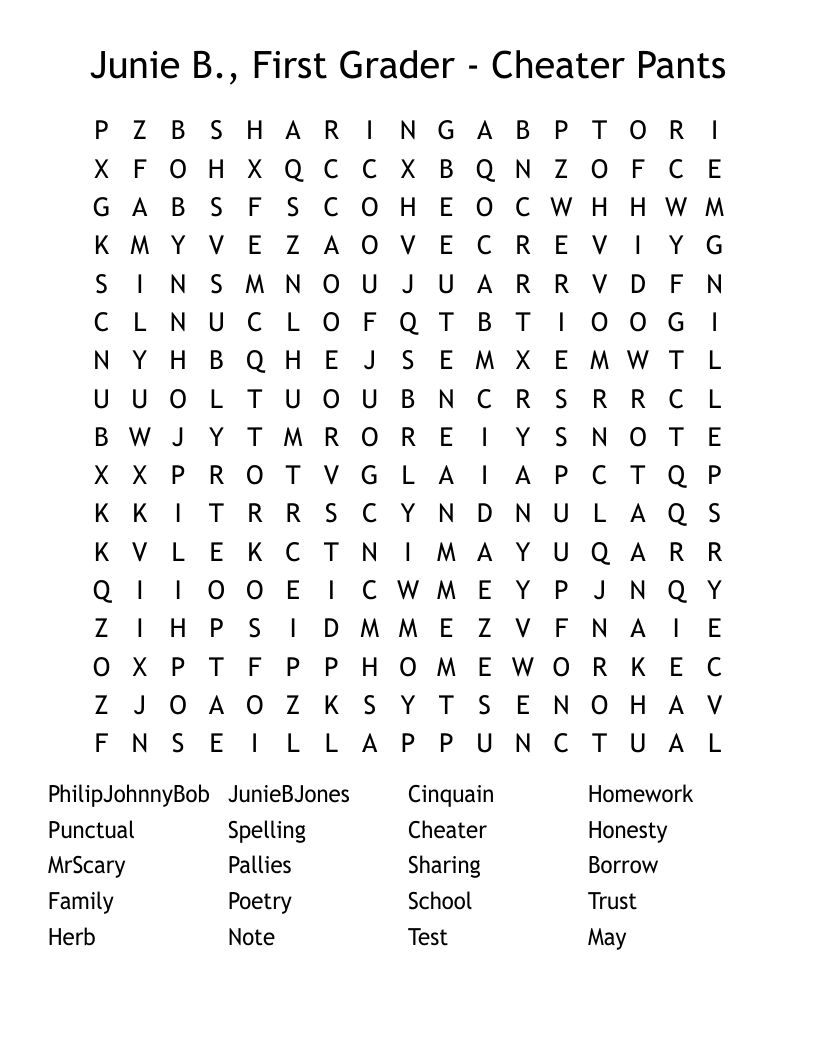  Junie B., First Grader - Cheater Pants Word Search