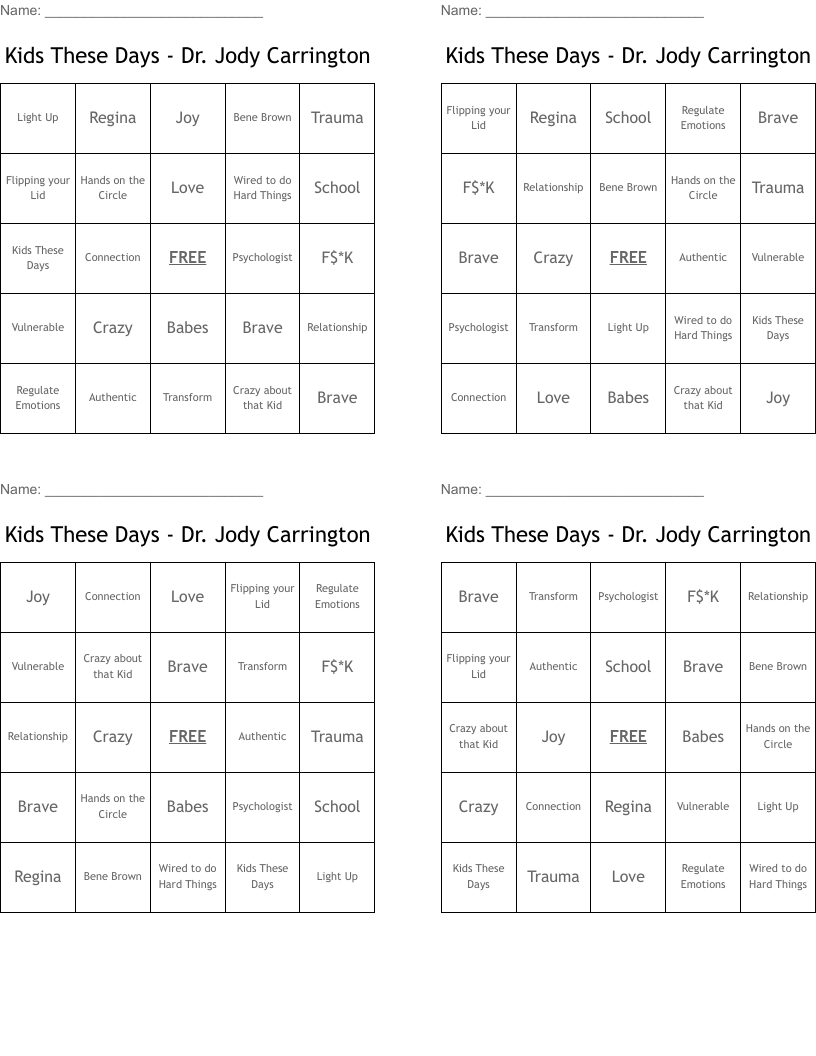  Kids These Days - Dr. Jody Carrington Bingo Cards