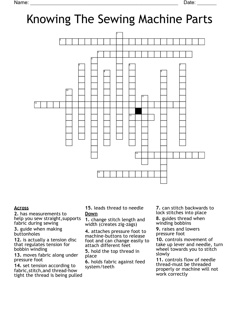  Knowing The Sewing Machine Parts Crossword
