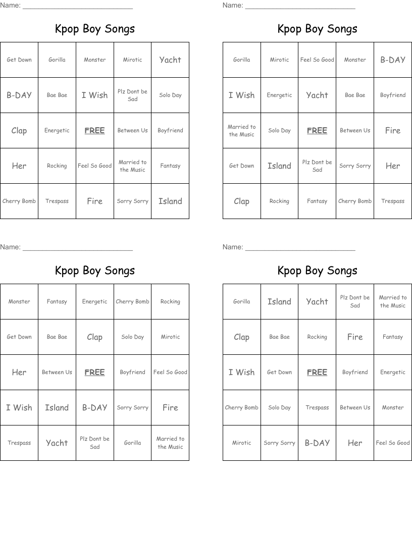  Kpop Boy Songs  Bingo Cards