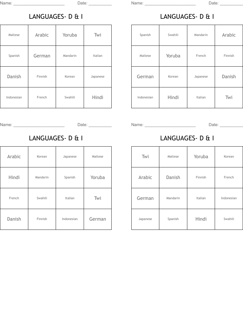  LANGUAGES- D & I Bingo Cards