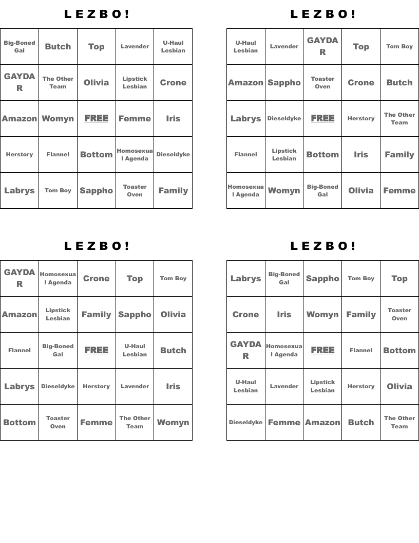  L E Z B O ! Bingo Cards