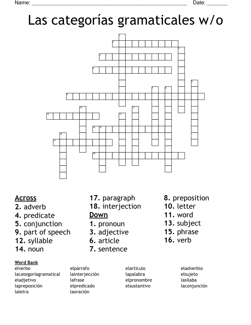 Las categorías gramaticales w/o Crossword