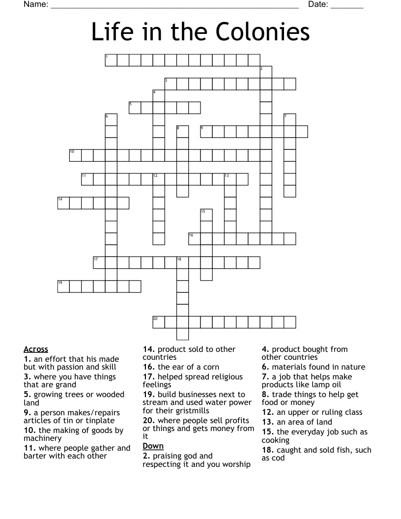  Life in the Colonies  Crossword