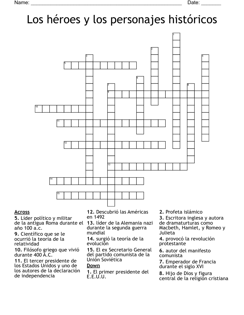  Los héroes y los personajes históricos Crossword