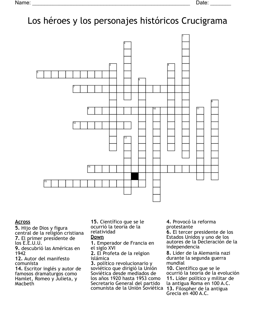  Los héroes y los personajes históricos Crucigrama Crossword