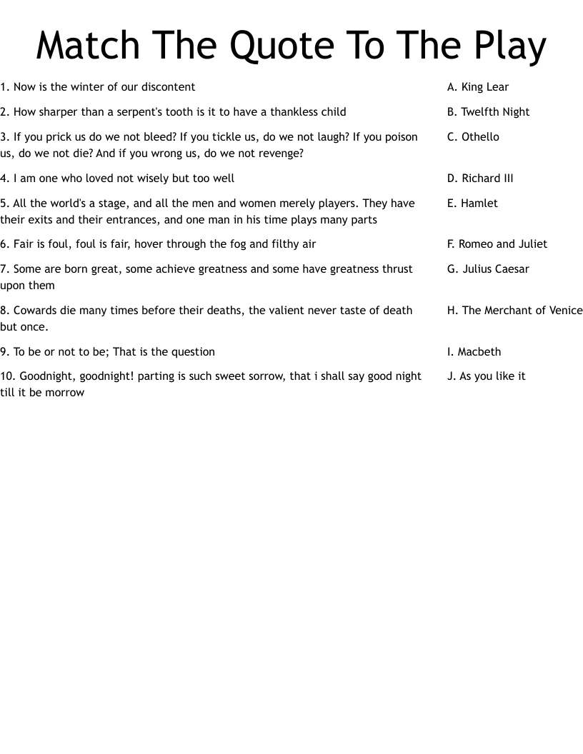  Match The Quote To The Play Worksheet
