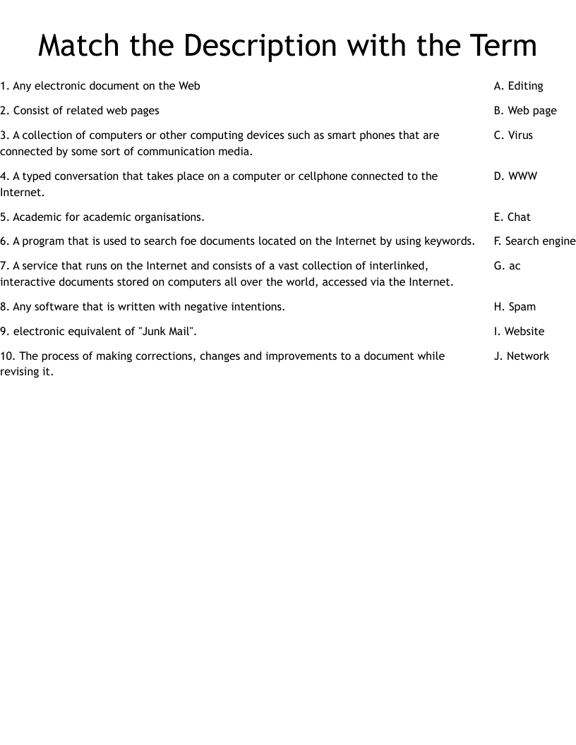 Match  the Description with the Term Worksheet