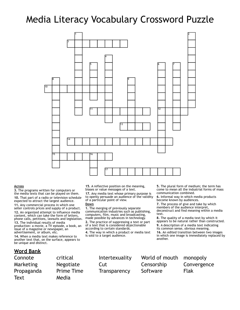  Media Literacy Vocabulary Crossword Puzzle