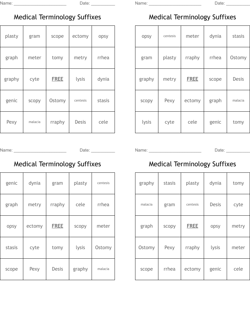  Medical Terminology Suffixes Bingo Cards