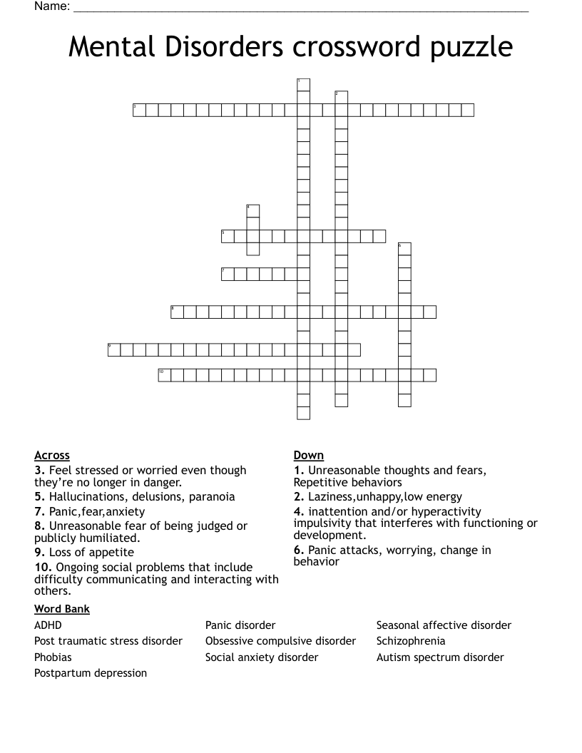  Mental Disorders crossword puzzle 