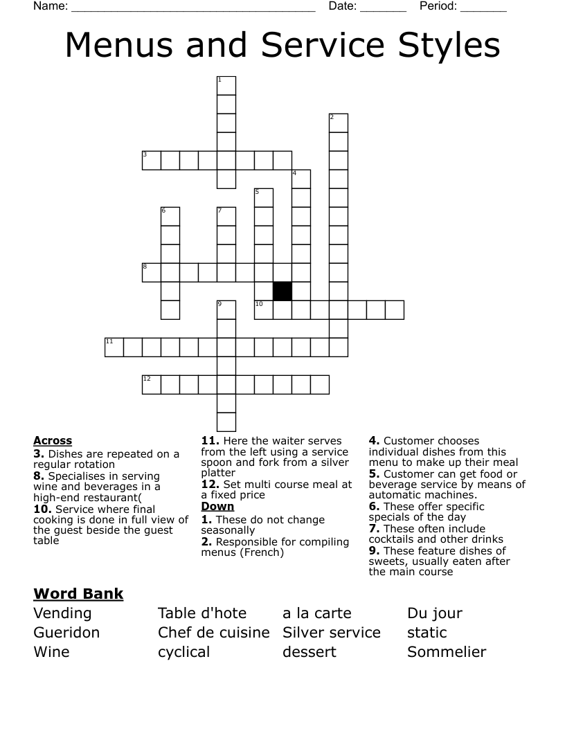 Menus and Service Styles Crossword