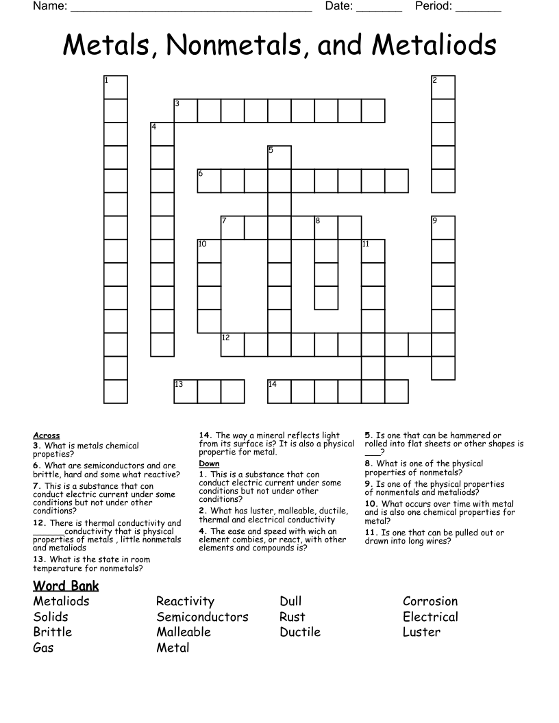  Metals, Nonmetals, and Metaliods Crossword