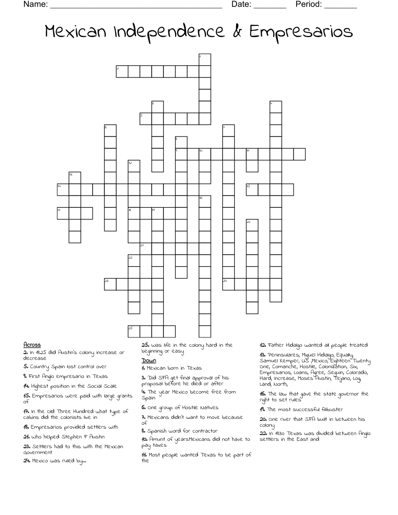  Mexican Independence & Empresarios Crossword