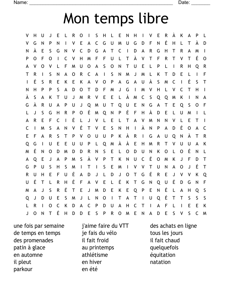  Mon temps libre Word Search