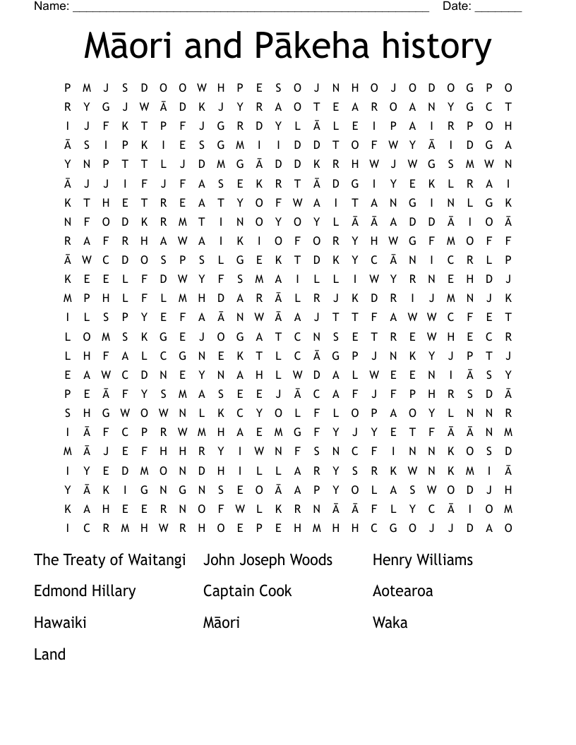  Māori and Pākeha history Word Search