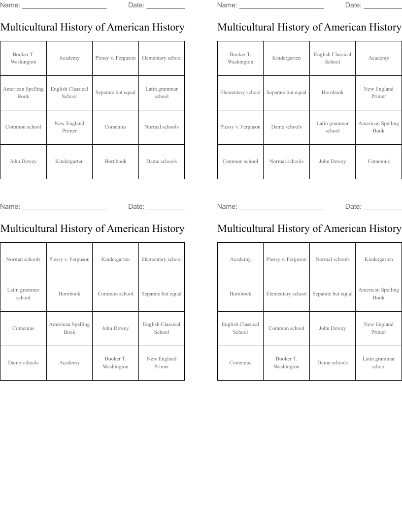  Multicultural History of American History Bingo Cards