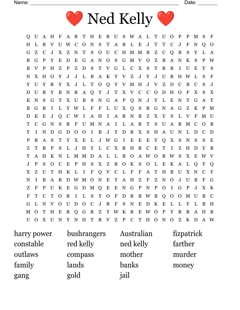 ❤️ Ned Kelly ❤️ Word Search