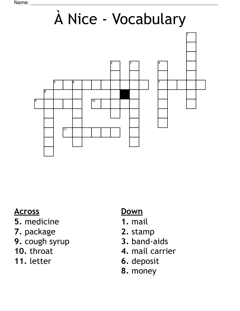 À Nice - Vocabulary  Crossword