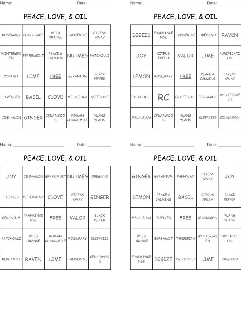  PEACE, LOVE, & OIL Bingo Cards
