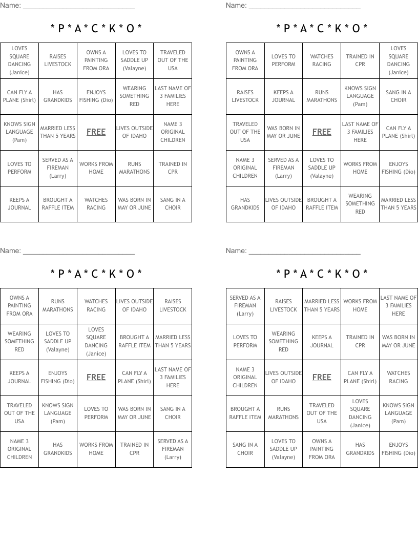 * P * A * C * K * O * Bingo Cards