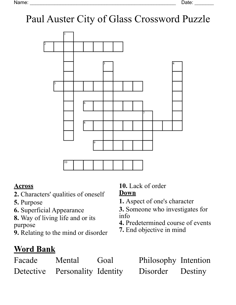  Paul Auster City of Glass Crossword Puzzle