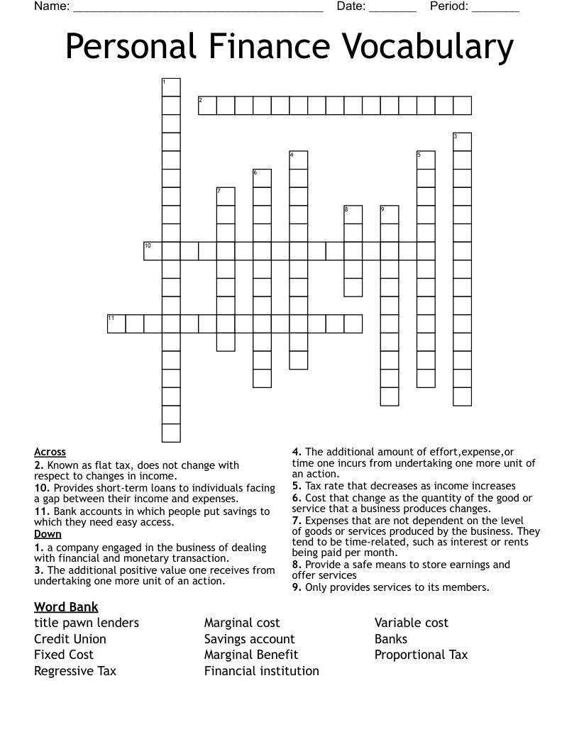  Personal Finance Vocabulary Crossword