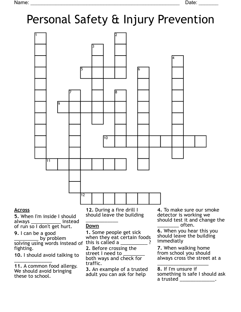  Personal Safety & Injury Prevention Crossword