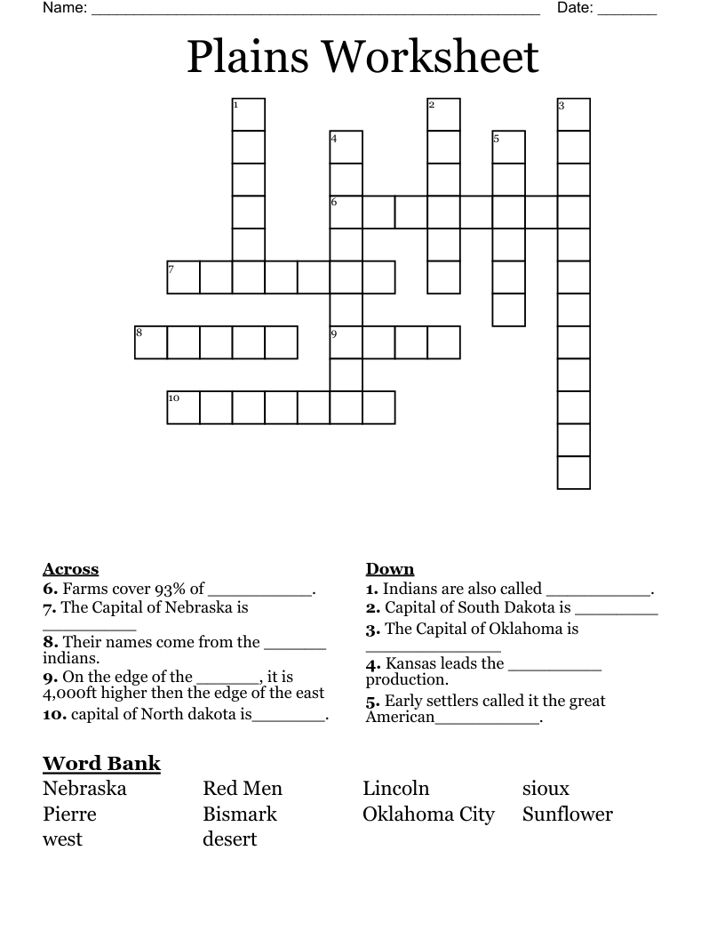  Plains Worksheet Crossword