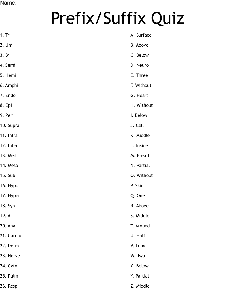  Prefix/Suffix Quiz Worksheet