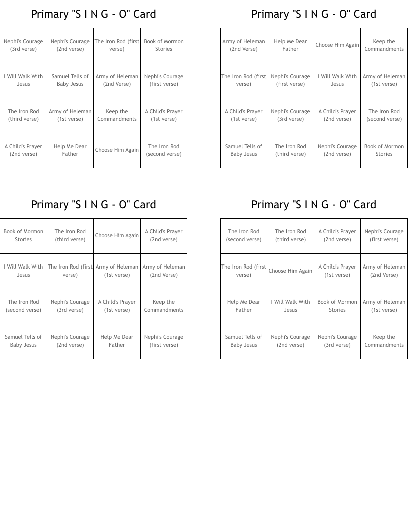  Primary  "S I N G - O"  Card Bingo Cards
