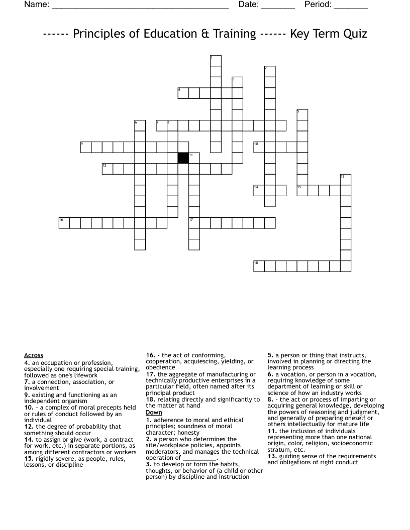 ------ Principles of Education & Training ------ Key Term Quiz Crossword