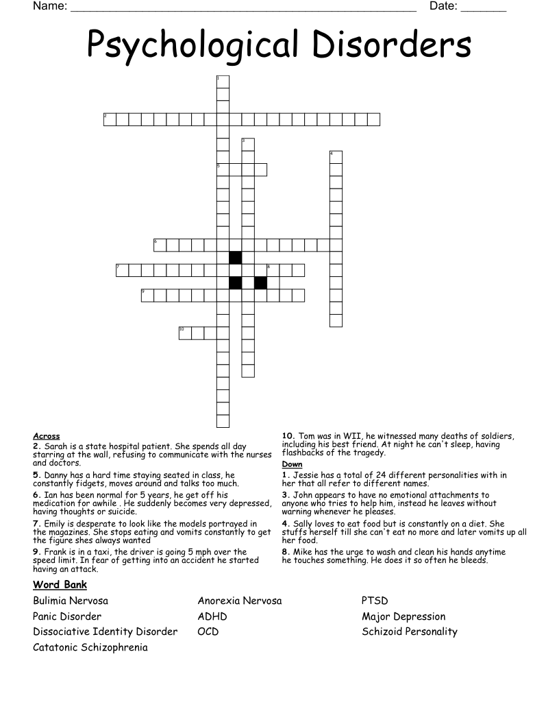  Psychological Disorders  Crossword
