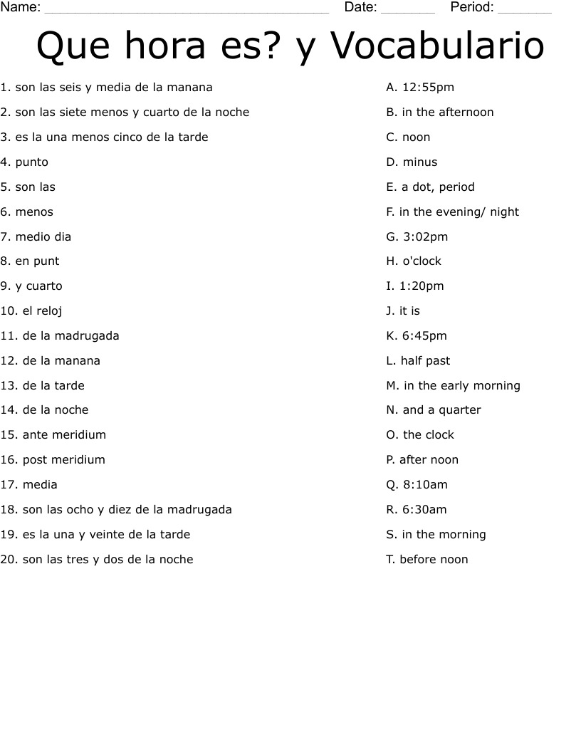  Que hora es? y Vocabulario Worksheet