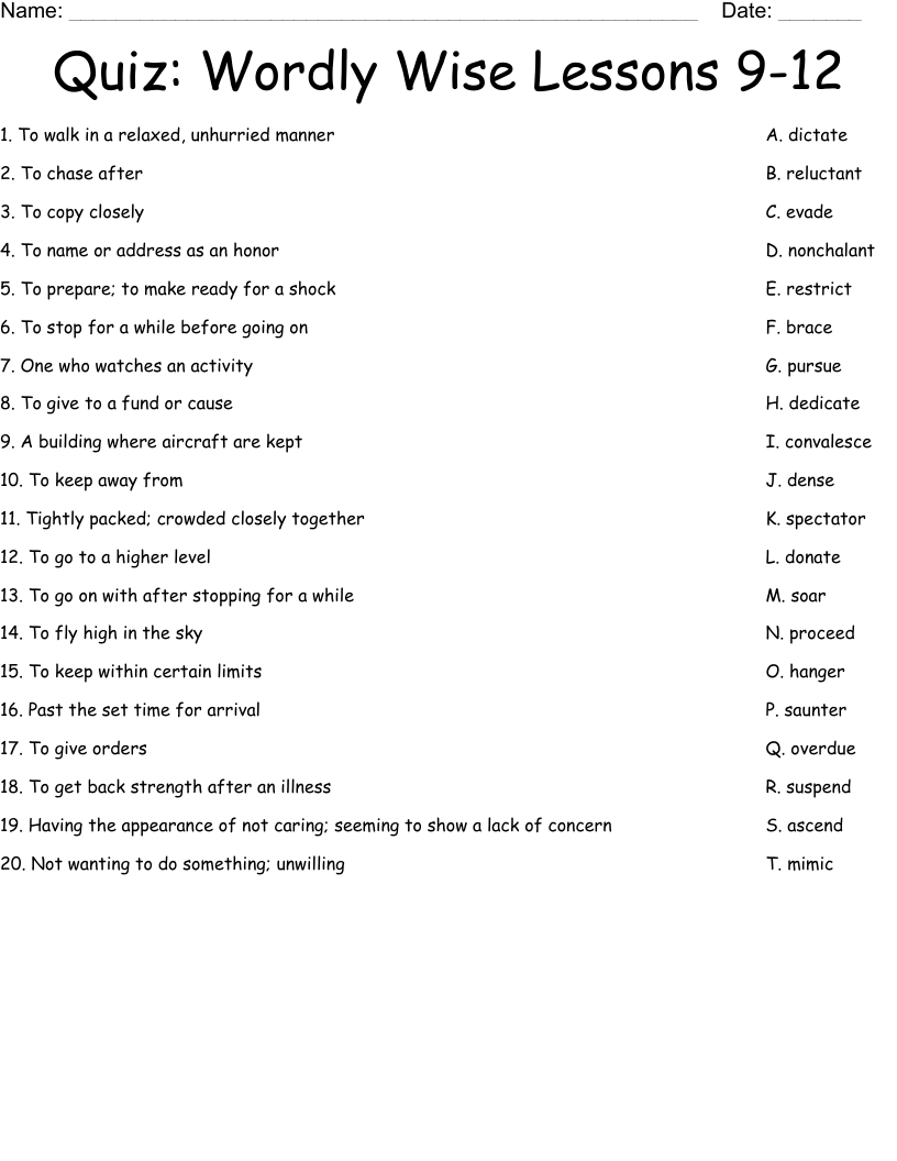  Quiz: Wordly Wise Lessons 9-12 Worksheet