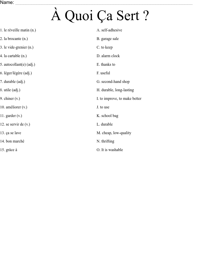 À Quoi Ça Sert ? Worksheet