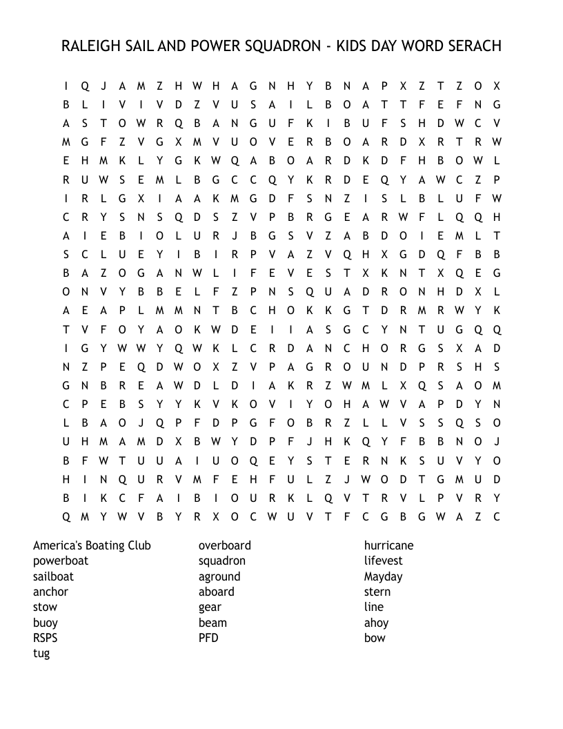  RALEIGH SAIL AND POWER SQUADRON - KIDS DAY WORD SERACH Word Search