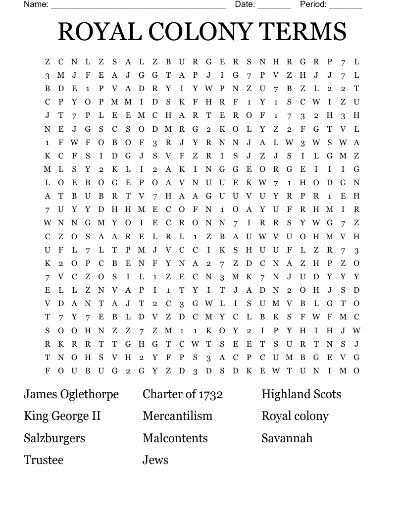 ROYAL COLONY TERMS Word Search
