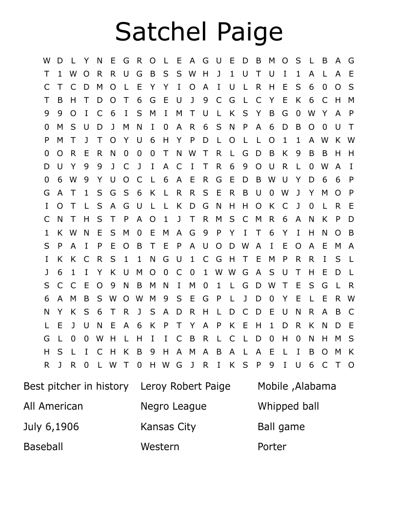  Satchel Paige Word Search