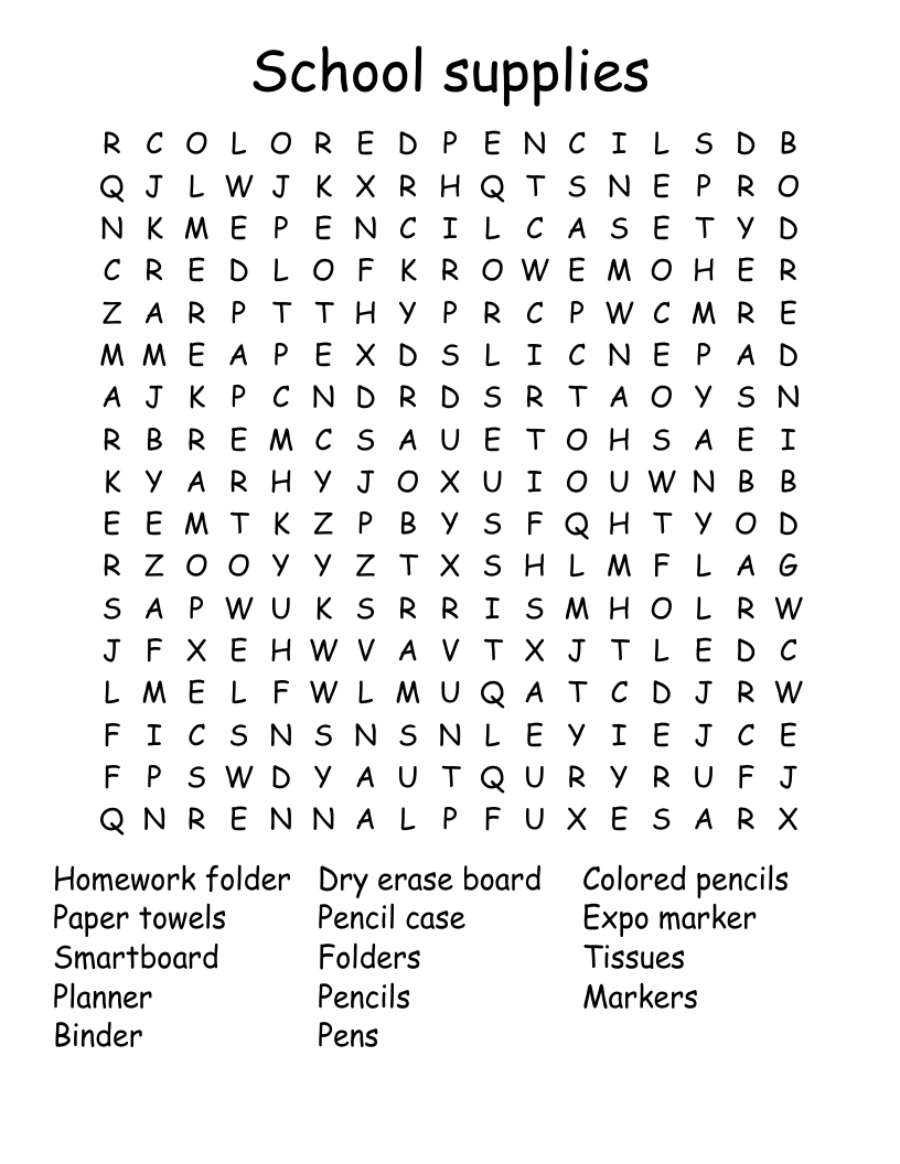  School supplies  Word Search