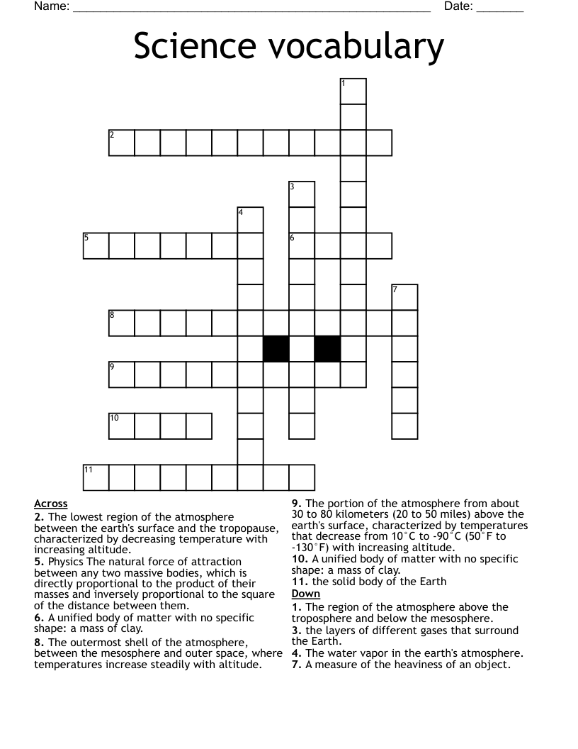  Science vocabulary  Crossword