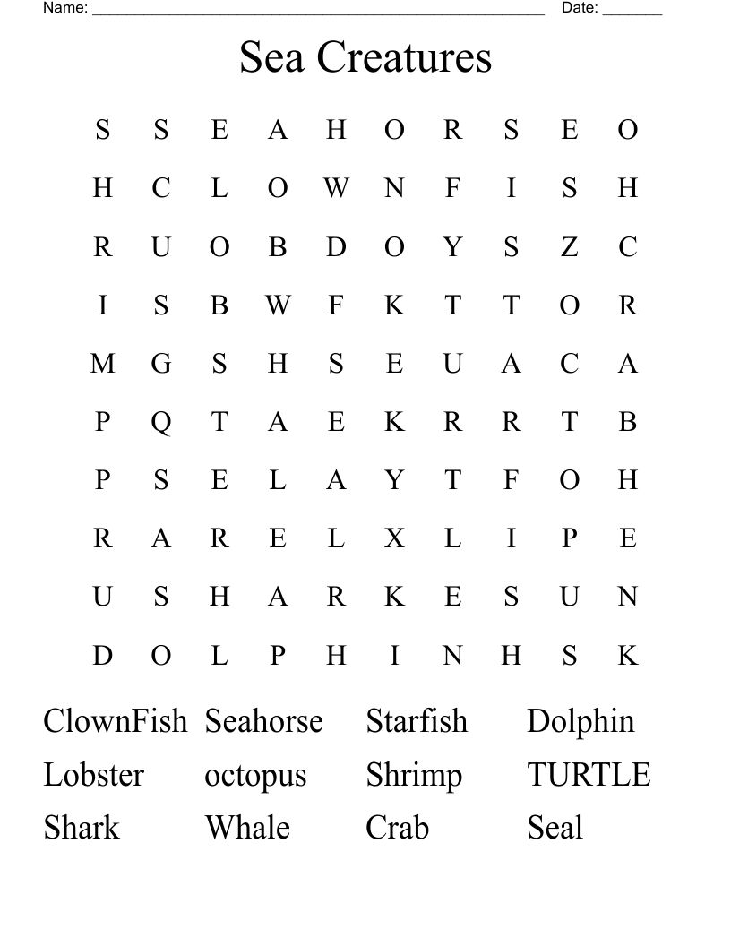  Sea Creatures Word Search
