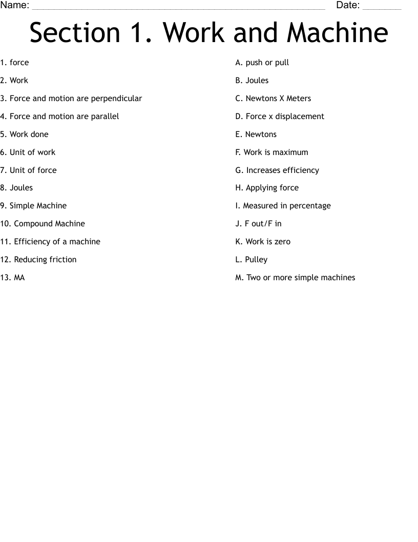  Section 1.  Work and Machine Worksheet